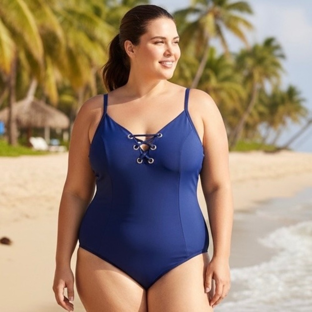 Time & Tru One Piece Swimsuit Women Plus‎ 3X Navy Blue Lace Up Front Adjustable